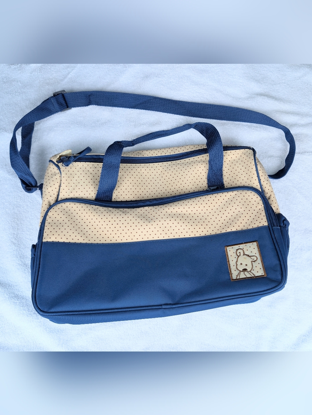 Miss Lilly Navy Blue and Beige Bear Polka Dot Shoulder Diaper or Pump Bag NWOT
